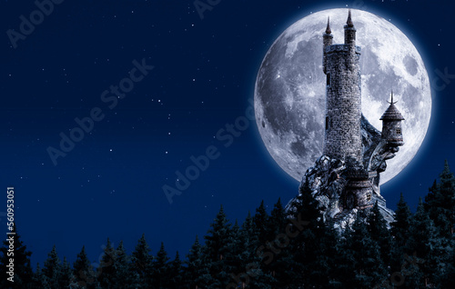 moon over the forest and wizard tower