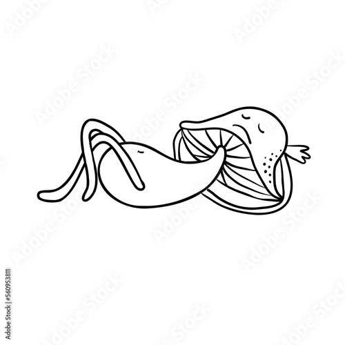 Unhappy mushroom sleeping with hands under head. Sad fungus lies.Black and white line fungi doodle.

