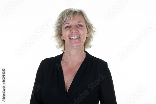 Smiling caucasian senior woman happy portrait on white background copy space