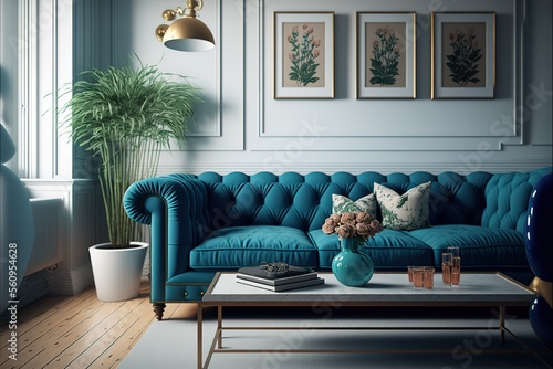 Interior of living room with blue sofa