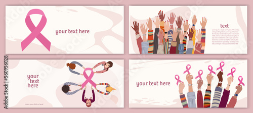 Breast cancer awareness concept. Group of different culture female hands holding a pink ribbon.Template.Solidarity and support for women fighting breast cancer.Prevention.Cancer survivor