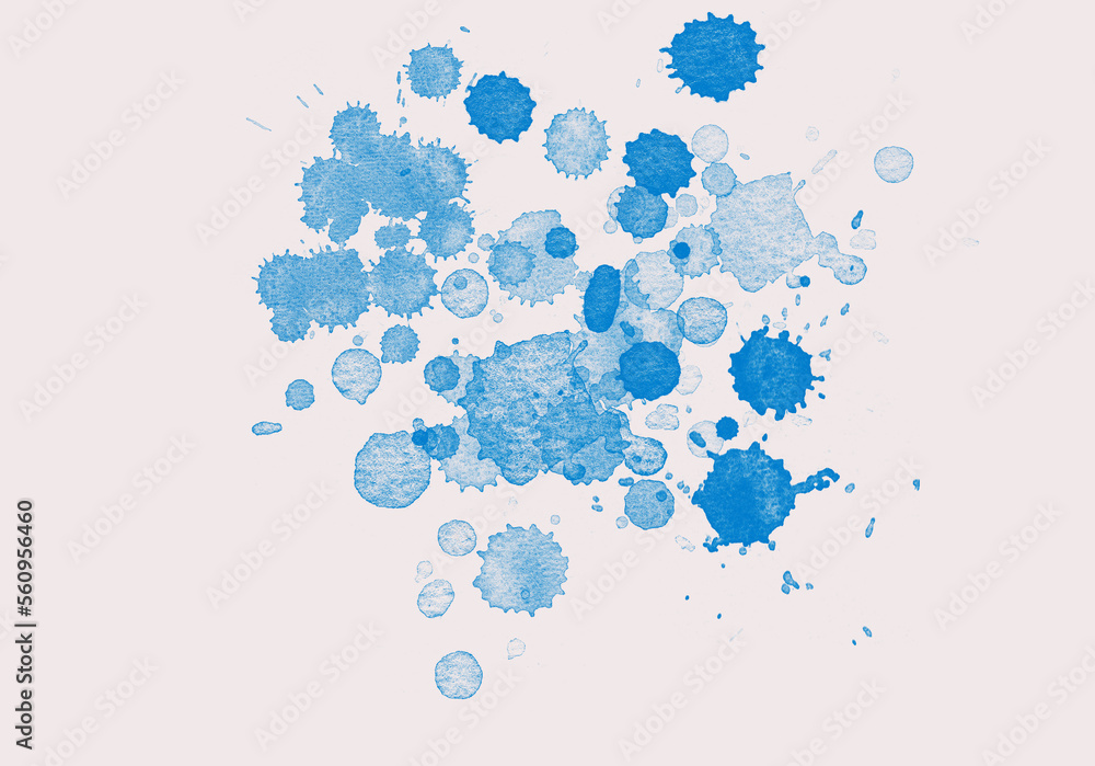 Blue paint drops on a white background , beautiful background , wall decoration . Blue paint drops on a white background , beautiful background , wall decoration .