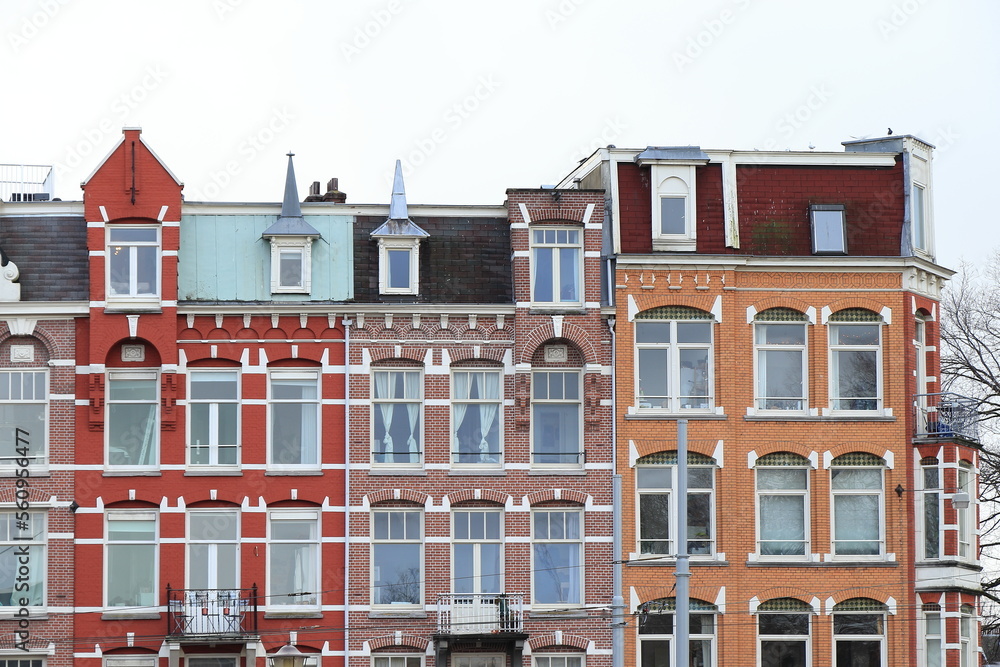 Amsterdam Nassaukade Street Colorful Traditional Brick House Facades Close Up, Netherlands