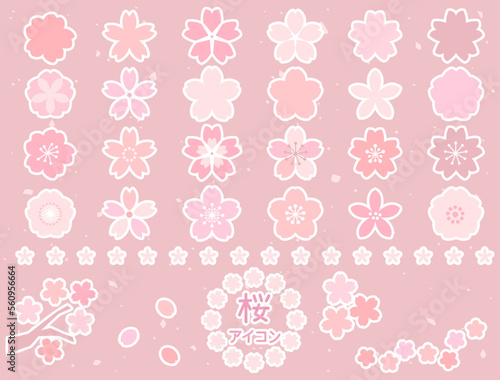 桜の花のアイコンのイラストのセット 白フチ付きバージョン © Rica Nohara