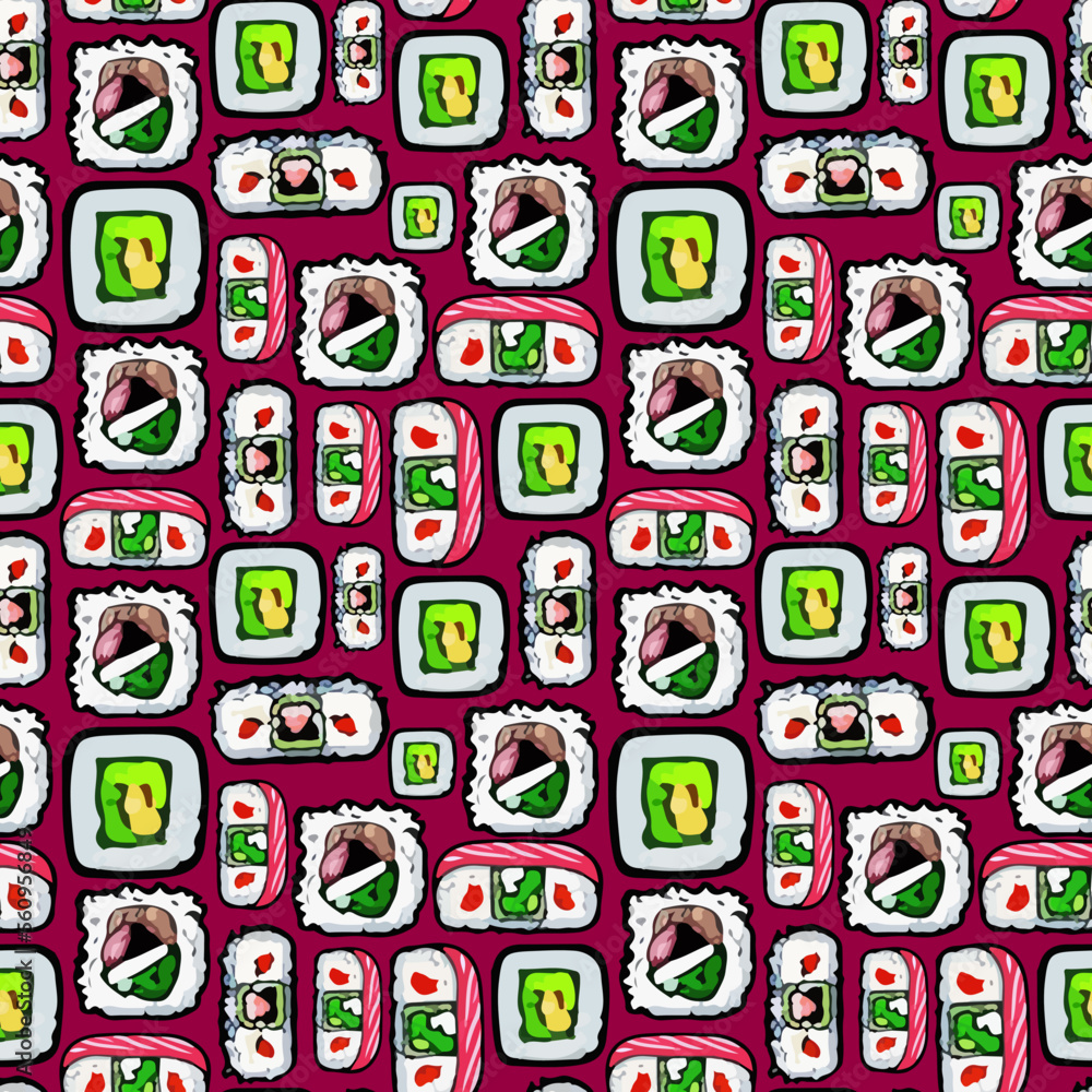 Fototapeta premium Vector seamless sushi pattern on dark red.