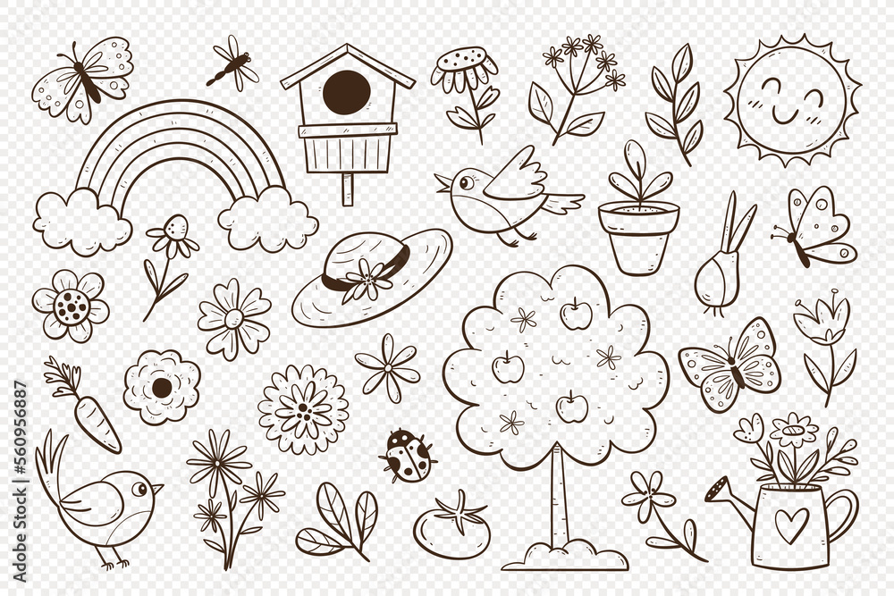 Cute doodle spring objects isolated. Collection of seasonal things like flowers, gardening objects and butterflies, perfect for creating winter decorative designs.