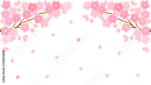 桜と桜の花びらが舞い散る春に使えるイラスト アスペクト比16：9