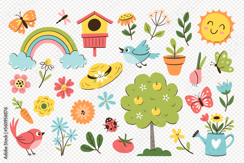 Cute spring objects isolated. Collection of seasonal things like flowers, gardening objects and butterflies, perfect for creating spring decorative designs.