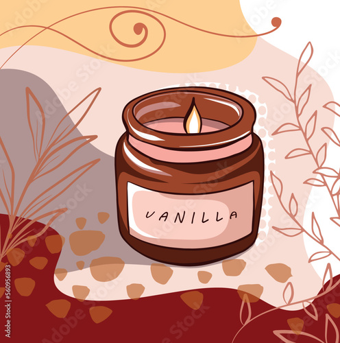Vector graphics beige brown illustration aromatic candle vanilla aesthetics branches patterns memphis flat style suitable for website design print brandbook