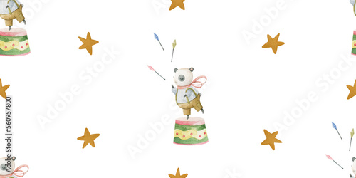 Circus hand painted performance with  animals, childish hand painted illustration, seamless pattern, endless background. Perfect for nursery, textile, design, print, wrapping paper