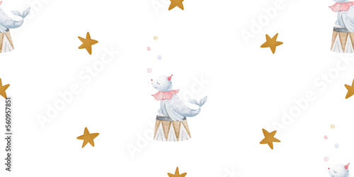 Circus hand painted performance with  animals, childish hand painted illustration, seamless pattern, endless background. Perfect for nursery, textile, design, print, wrapping paper