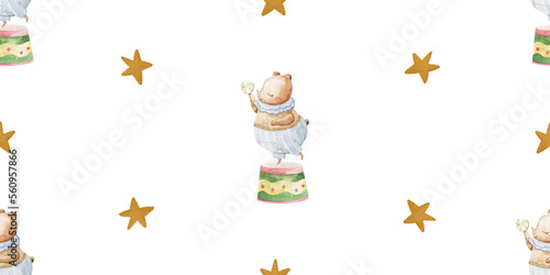 Circus hand painted performance with  animals, childish hand painted illustration, seamless pattern, endless background. Perfect for nursery, textile, design, print, wrapping paper