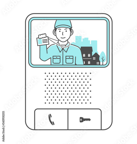 Vector illustration of a male worker visiting a house (showing an ID card) | doorbell, intercom