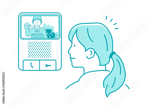 Vector illustration of a male worker visiting a house (showing an ID card) | doorbell, intercom