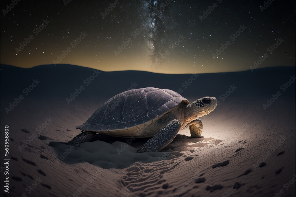 Turtle walking in beach paradise and star are shown. Generative AI