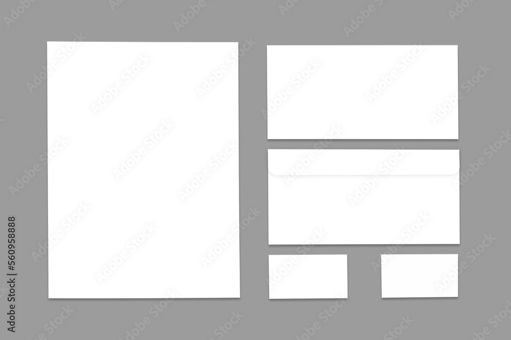 Blank A4 paper, Business cards, Letterhead, Envelopes. Stationary, Corporate identity template on a gray background with soft shadows. Brand Identity Guideline mockup design.3d rendering. Blank A4 paper, Business cards, Letterhead, Envelopes. Stationary, Corporate identity template on a gray background with soft shadows. Brand Identity Guideline mockup design.3d rendering.