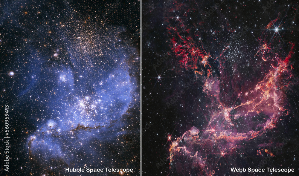Webb and Hubble space telescopes side by side comparisons visual gains. Nebula NGC 346 stellar nursery. Elements of this picture furnished by NASA