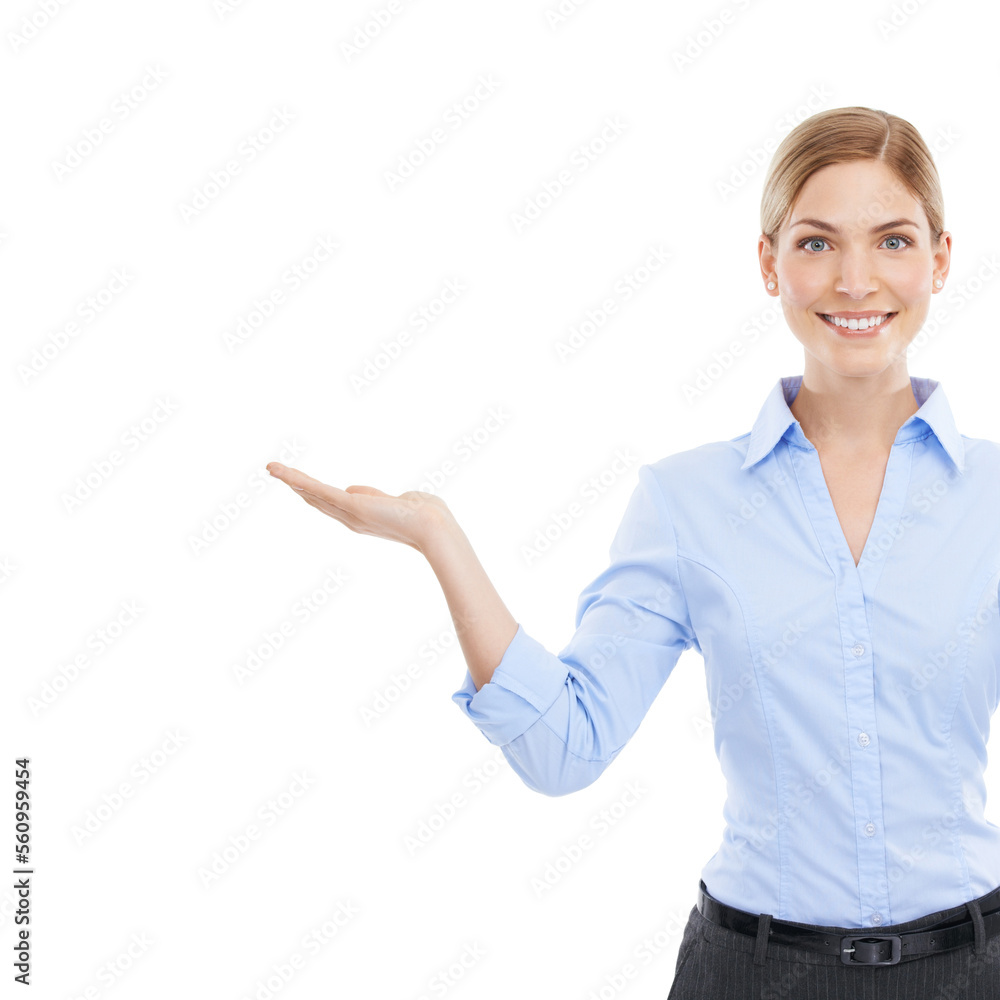 Advertising, hand and portrait of business woman mockup for product placement isolated on white background. Happy female entrepreneur with open palm for a promotion, marketing or branding for startup Advertising, hand and portrait of business woman mockup for product placement isolated on white background. Happy female entrepreneur with open palm for a promotion, marketing or branding for startup