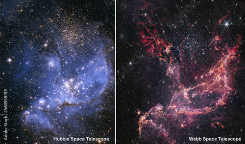 Fototapeta Naklejka Na Ścianę i Meble -  Webb and Hubble space telescopes side by side comparisons visual gains. Nebula NGC 346 stellar nursery. Elements of this picture furnished by NASA