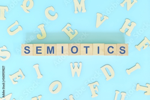 Study semiotics in linguistics concept. Wooden blocks word typography flat lay in blue background. photo