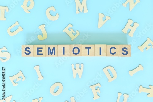 Study semiotics in linguistics concept. Wooden blocks word typography flat lay in blue background.