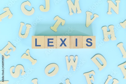 Study lexis in linguistics concept. Wooden blocks word typography flat lay in blue background. photo