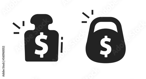 Debt financial icon as heavy tac weight burden set vector pictogram simple or economic money weigh dumbbell load symbol silhouette graphic clipart illustration image