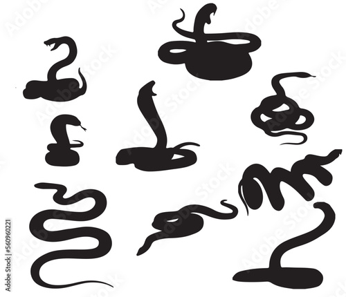 Set of silhouettes of snakes reptiles twisted or crawling