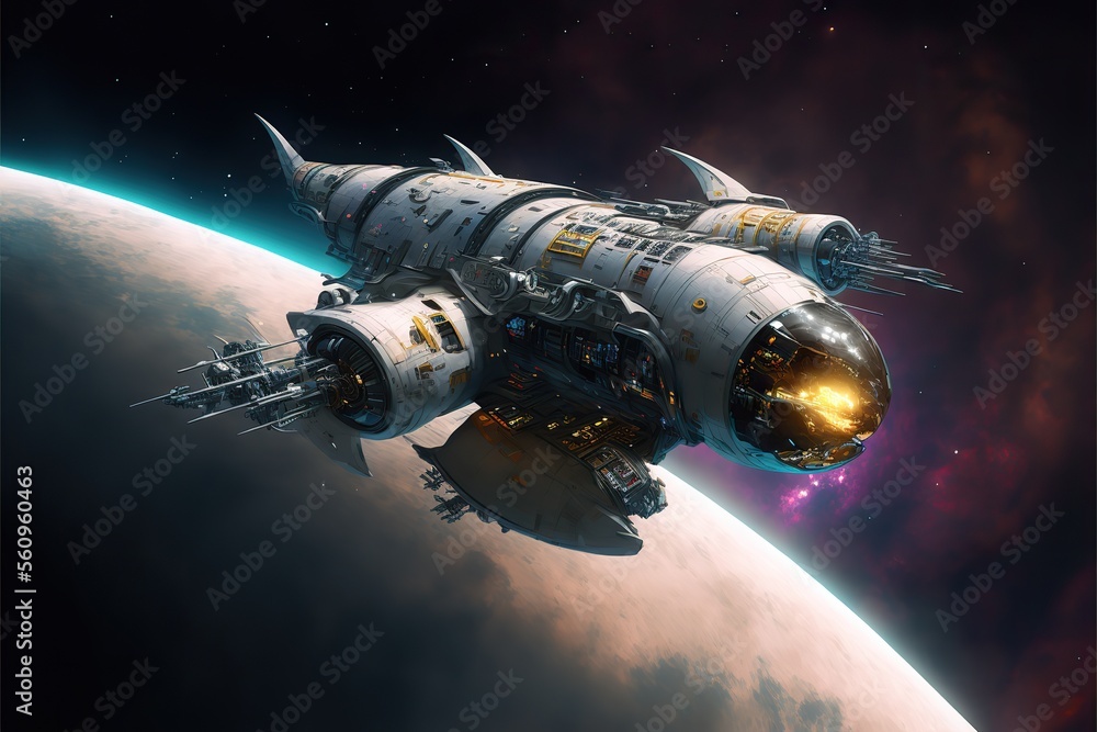 Obraz premium Spaceship in orbit. Futuristic space military concept. Generative ai.