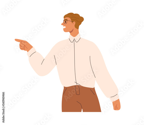 Angry annoyed employee. Irritated furious man pointing with finger gesture, negative emotion. Person arguing, shouting in anger, annoyance. Flat vector illustration isolated on white background