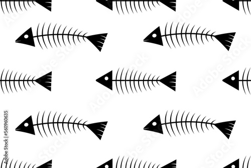Seamless pattern with a fish skeleton. Minimalist print design for wallpaper and bed linen with the image of black and white fish bones. Minimalism in Japanese style.