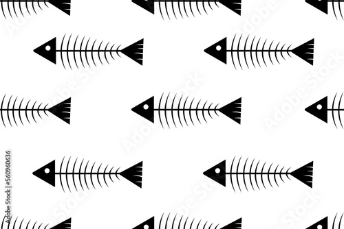 Seamless pattern with a fish skeleton. Minimalist print design for wallpaper and bed linen with the image of black and white fish bones. Minimalism in Japanese style.