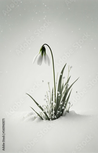 Lonely snowdrop in the snow. Copy space. Generative ai.