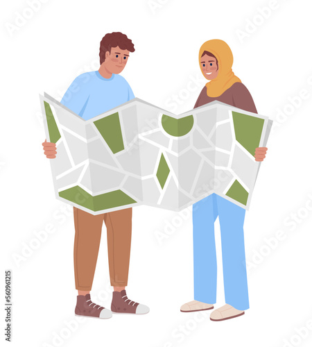 Student couple planning route semi flat color vector characters. Editable figure. Full body people on white. Travel abroad simple cartoon style illustration for web graphic design and animation