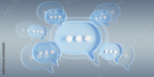 Minimalist blue and white speech bubbles talk icons floating over grey background. Modern conversation or social media messages with shadow. 3D rendering