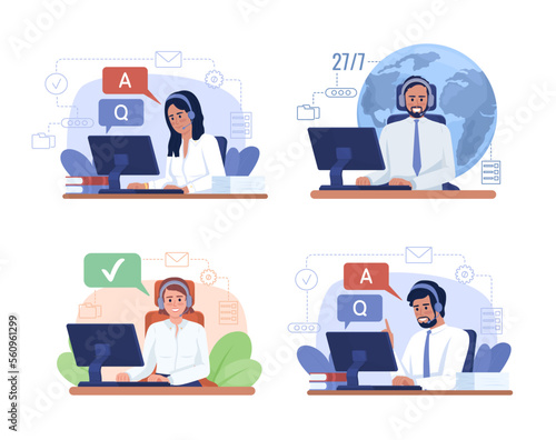 Customer service representative duties 2D vector isolated illustration set. Flat characters on cartoon background. Colorful editable scene pack for mobile, website. Sniglet, Oswald Regular fonts used