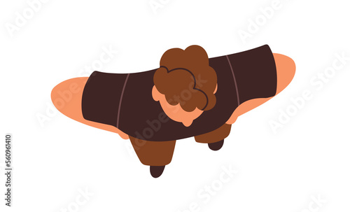 Young man overhead, top view. Guy character standing in hands on hips, waist pose, waiting. Male head with curly hair, person from above. Flat vector illustration isolated on white background