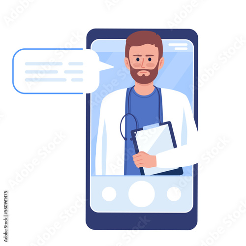 Male doctor in smartphone flat concept vector illustration. Internet medicine service. Editable 2D cartoon character on white for web design. Creative idea for website, mobile, presentation