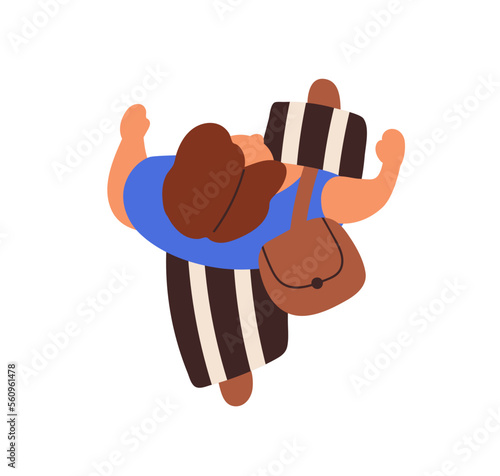 Overhead woman walking. Modern young girl outdoors, down top view. Pretty female character in fashion clothes, going on street, rushing. Flat graphic vector illustration isolated on white background