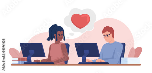 Office romance 2D vector isolated illustration. Young female employee falling in love with colleague flat characters on cartoon background. Colorful editable scene for mobile, website, presentation