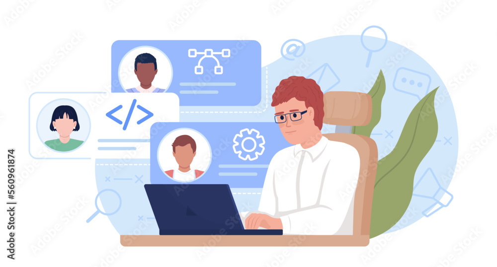 Looking through candidates 2D vector isolated illustration. Manager evaluating freelance developers flat characters on cartoon background. Colorful editable scene for mobile, website, presentation