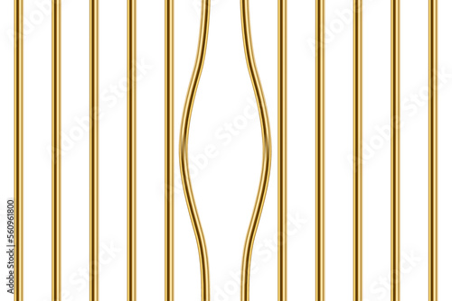 3D realistic broken golden cage with bent sticks to suspects crime escape from police jail, grate with gold curved rod for criminal jailbreak. Prison bars vector illustration