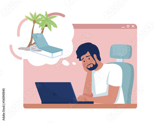 Dreaming about vacation 2D vector isolated illustration. Frustrated office worker daydreaming flat character on cartoon background. Colorful editable scene for mobile, website, presentation