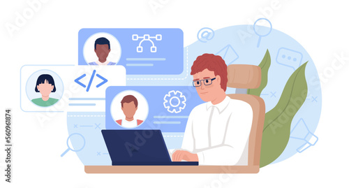 Looking through candidates 2D vector isolated illustration. Manager evaluating freelance developers flat characters on cartoon background. Colorful editable scene for mobile, website, presentation