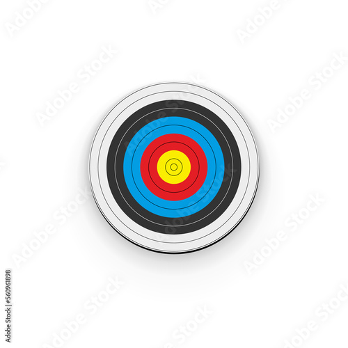 3d archery target, front view vector illustration. Realistic isolated empty round dartboard with yellow center bullseye, red, black and blue rings to hit with archers darts or arrows