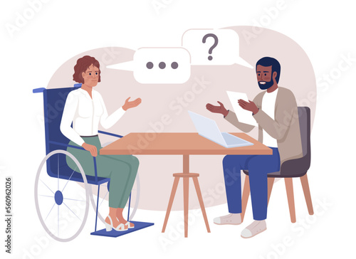 Job interview 2D vector isolated illustration. Male recruiter asking questions female candidate flat characters on cartoon background. Colorful editable scene for mobile, website, presentation