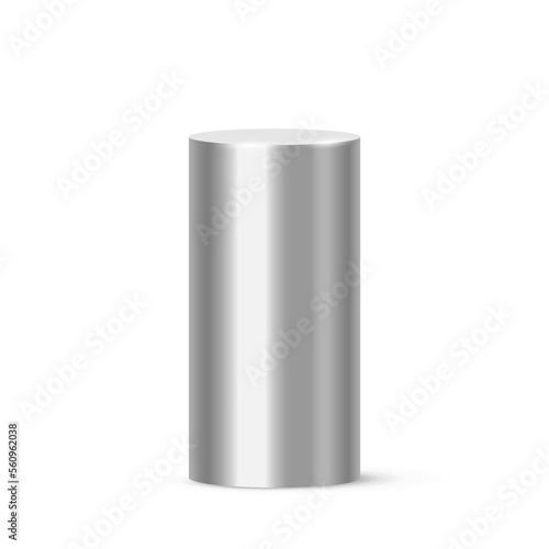 Metal cylinder podium, 3D pedestal pipe from stainless steel or iron, silver platform photo