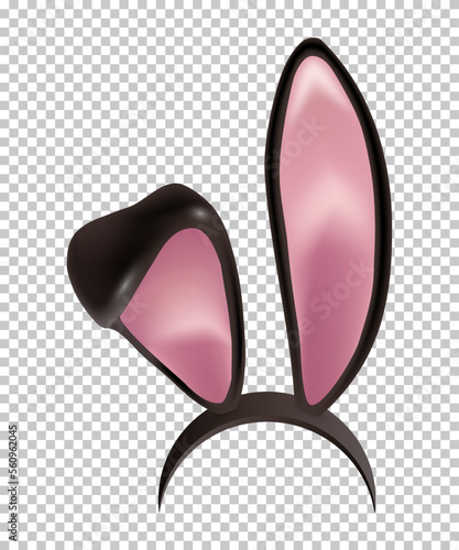 Rabbit ears realistic 3d vector illustration. Easter bunny ears kid headband, mask. Hare costume black and pink element. Photo editor, booth, video chat app isolated on transparent background
