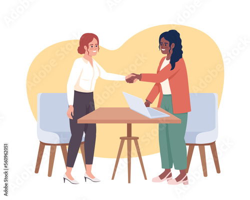 Successful employment interview 2D vector isolated illustration. Job applicant and employer handshake flat characters on cartoon background. Colorful editable scene for mobile, website, presentation
