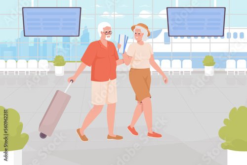 Tropical destination for seniors flat color vector illustration. Older couple going on vacation trip abroad. Fully editable 2D simple cartoon characters with airport terminal on background